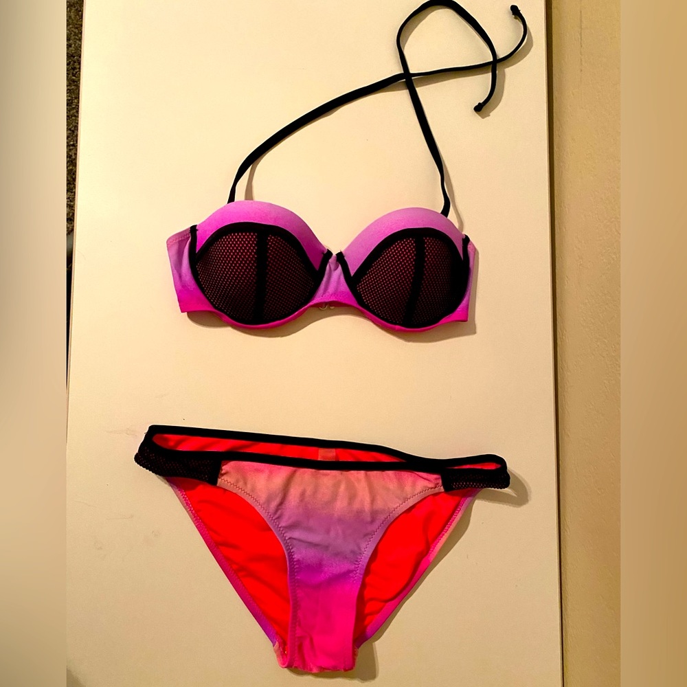 ❤️3/$15 Sale!❤️  Two Piece pink bikini w/ black mesh. Coral Tropics. Size medium